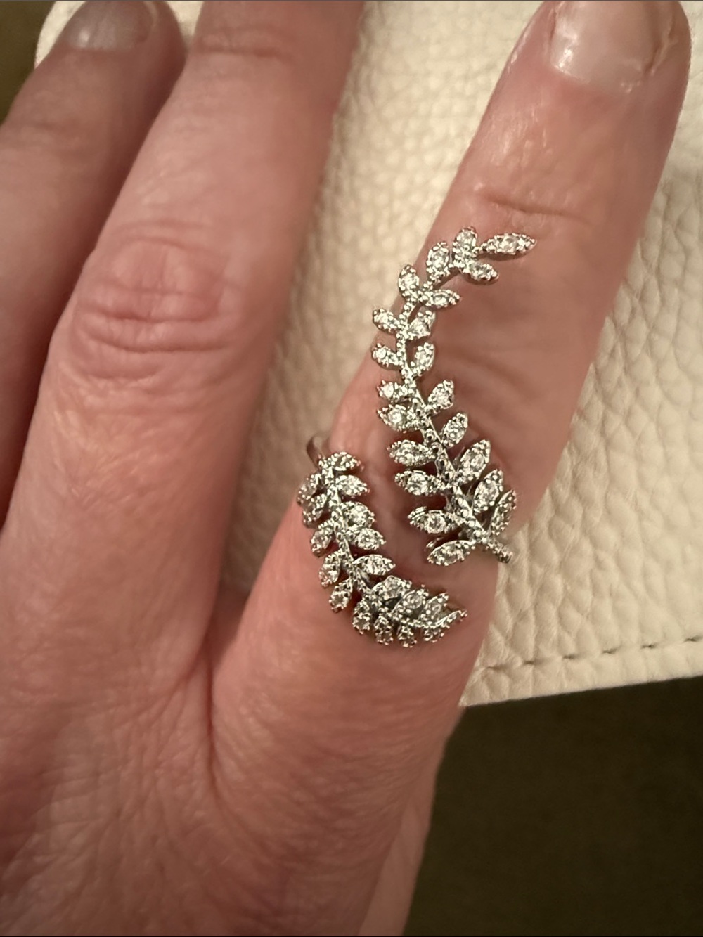 18K White Gold Filled Leaf Wrap Ring with White Lab Sapphires - Size Adjustable